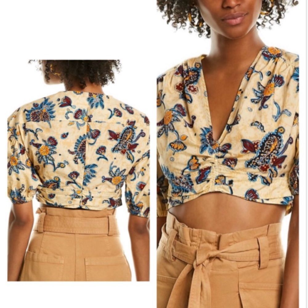 A.L.C Rylan Printed Puff Sleeve Crop Top Floral Cotton Poplin Blouse $250